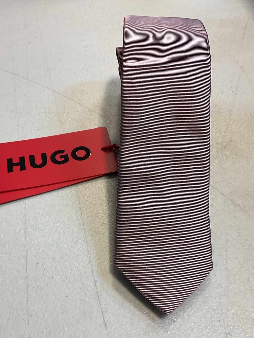 HUGO Men's Pink Striped Silk Tie